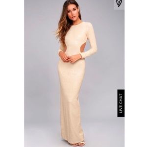 Cream full length sequin maxi dress with cutouts.